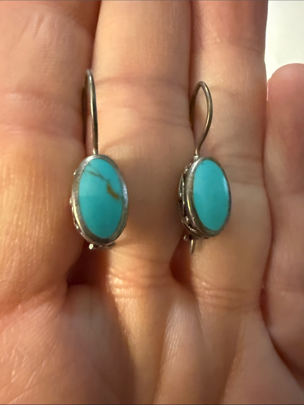 Turquoise Oval Drop Earrings - Unbranded Silver Tone